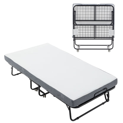 Foldable Metal Frame Bed For Guest With Memory Foam Mattress On Wheels, Saving Space Rollaway Bed