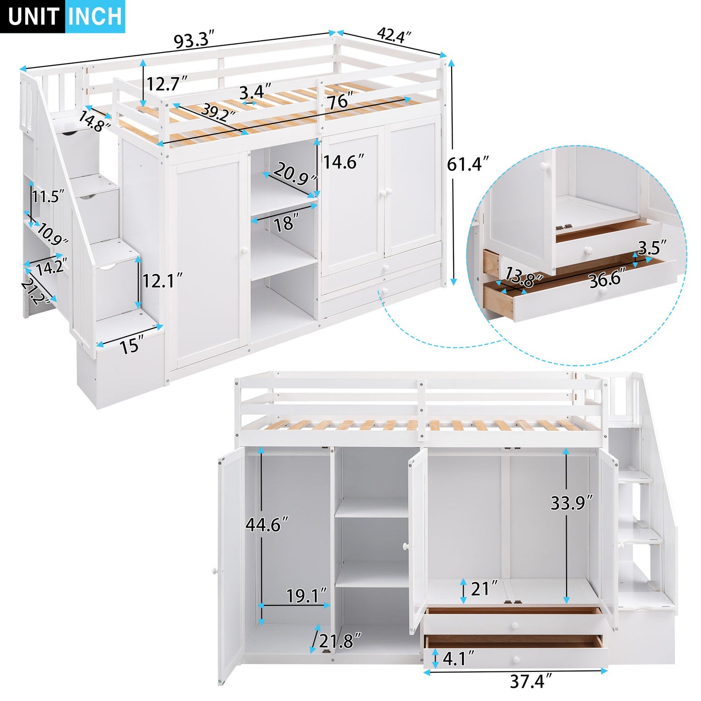 Loft Bed With 3 Shelves, 2 Wardrobes, 2 Drawers, Ladder Storage