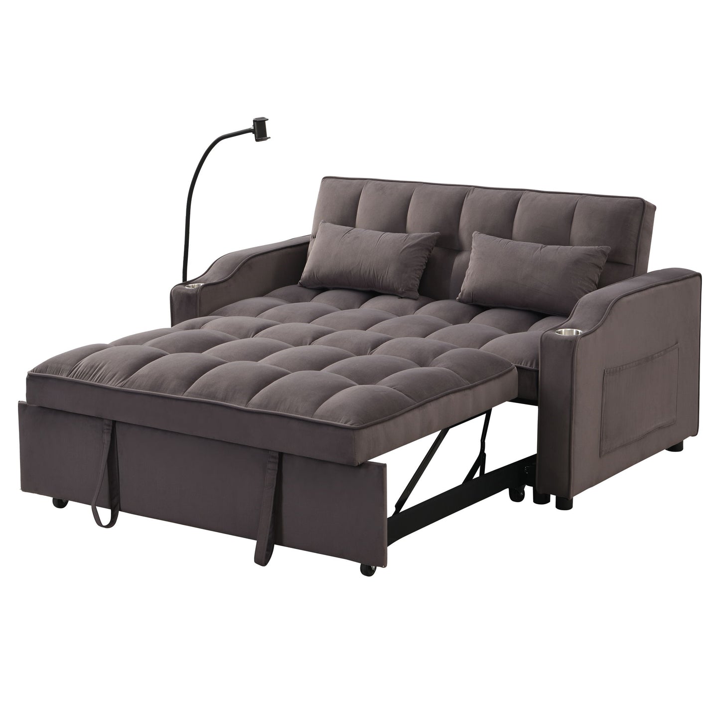 Modern Velvet Loveseat With Pullout Bed, Adjustable Reclining Backrest