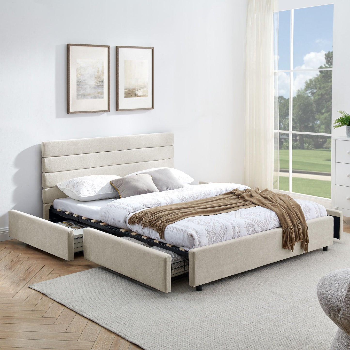 Modern Cushioned Bed Frame With Headboard And Drawers