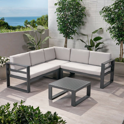 Dursley - Outdoor Aluminum V Shape Sofa Sectional - Beige / Gray