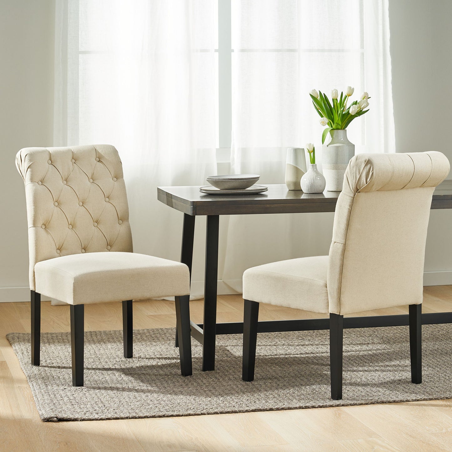 Dining Rolltop Chairs (Set of 2), Upholstered Armless Chair With Wood Leg - Ivory