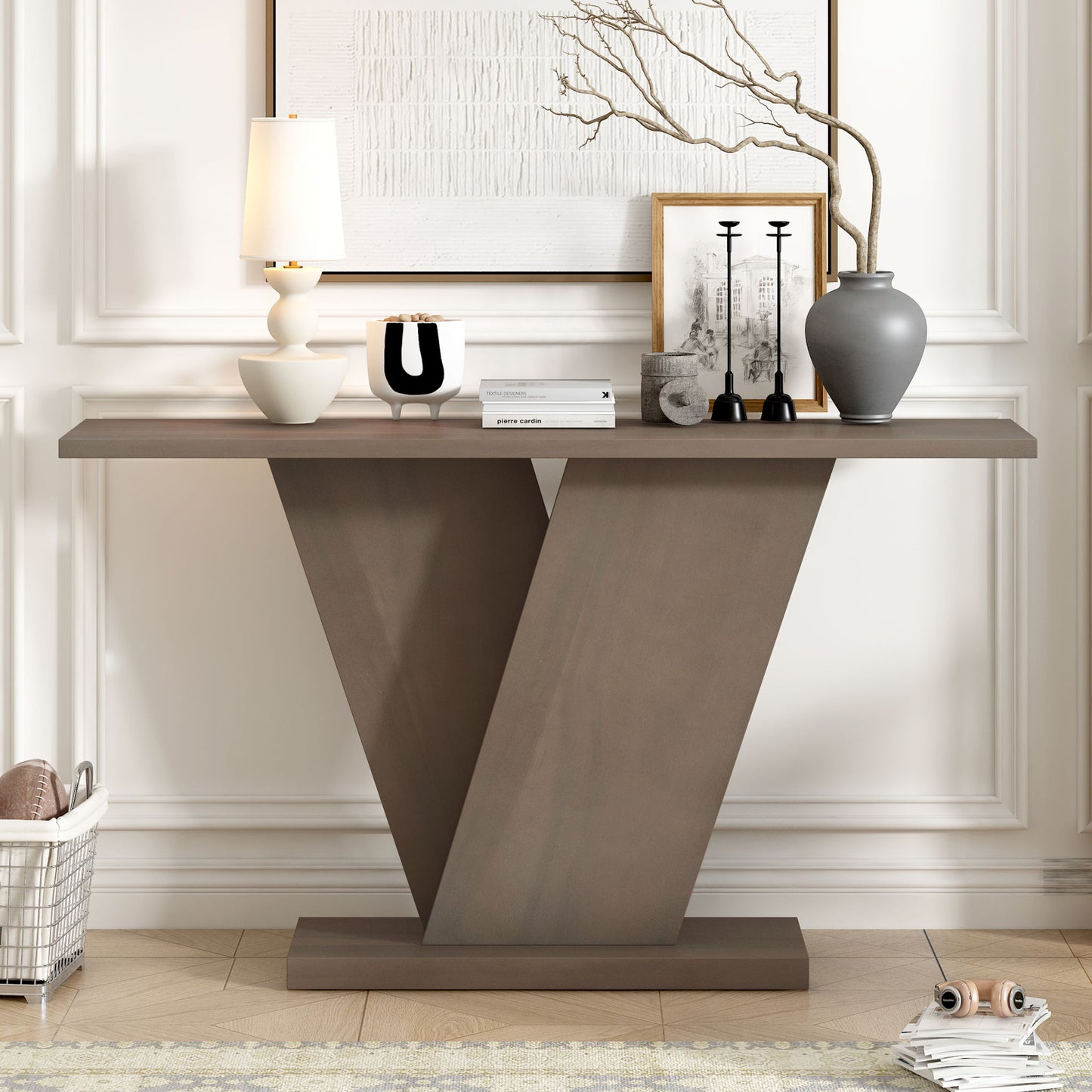 Console Table With V Shape Base, Sculptural Entryway Accent