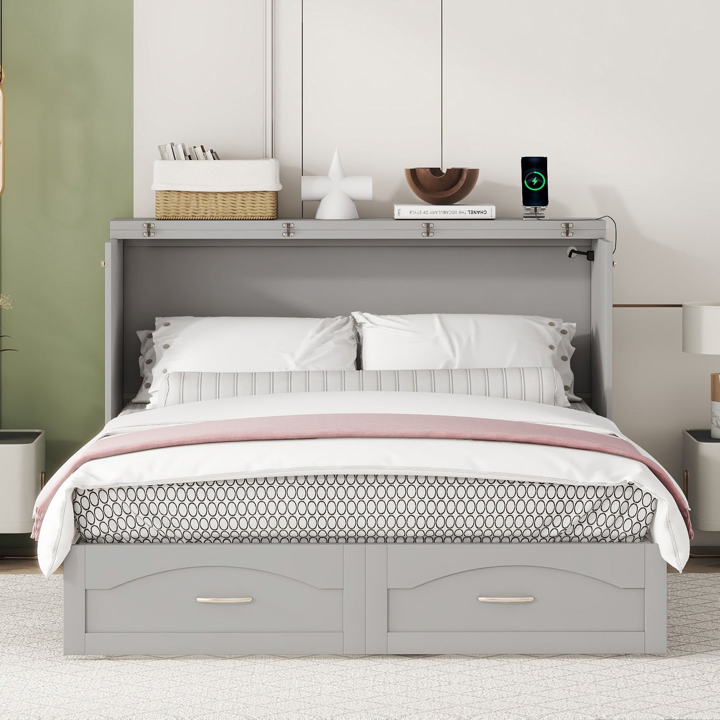 Murphy Wall Bed With Drawer And A Set Of Sockets & USB Ports, Pulley Structure Design