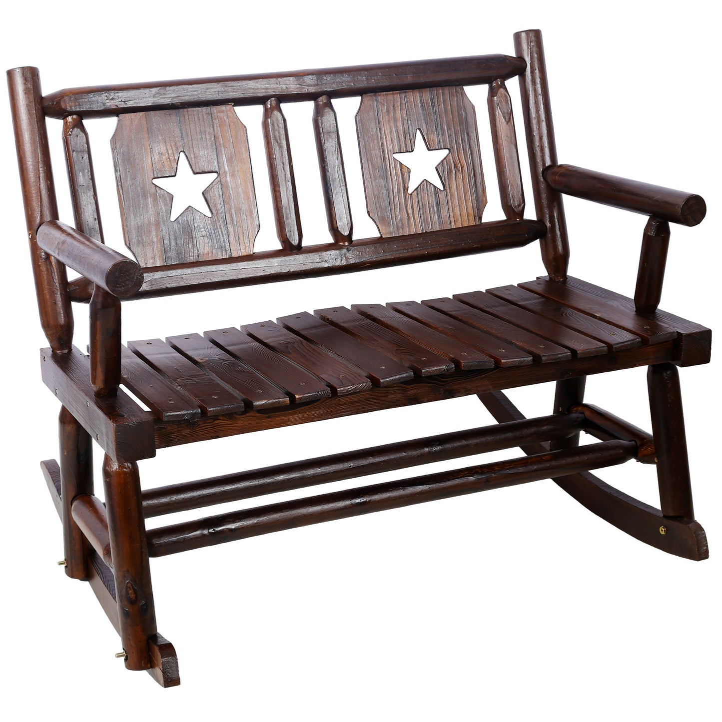 Rustic Outdoor Wood Rocking Bench Double Rocking Chair For 2 Persons With Curved Seat, Porch Rocker - Brown