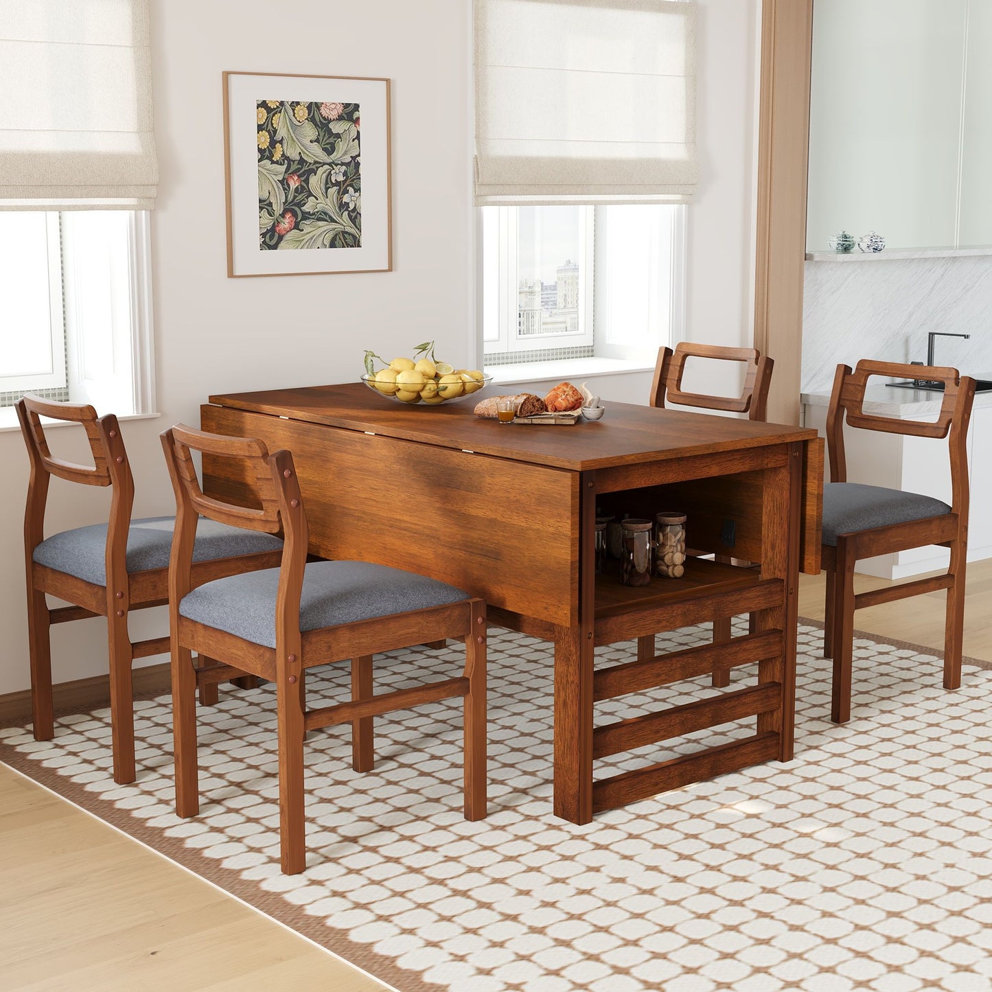 5 Piece Extendable Wood Square Dining Table Set With 2 Drop Leaves