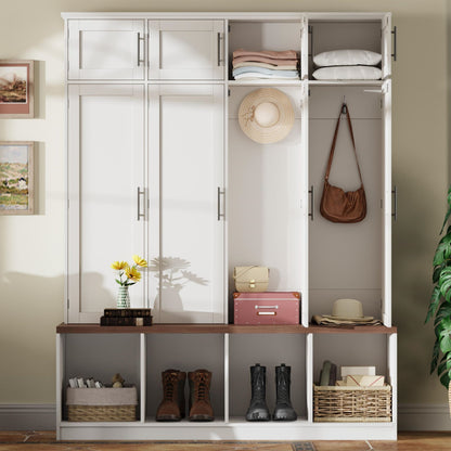 Farmhouse Hall Tree With 4 Hidden Hanging Hooks And 8 Doors