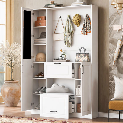 Entryway Bench With Integrated Shoe Cabinet, 3 In 1 Design And Mirrored Cabinet Door, Hall Tree With 4 Sturdy Hooks And Foldable Seat For Entrance, Living Room - White