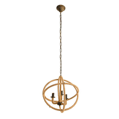 3 Light Farmhouse Chandelier, Rope Chandelier Globe Hanging Light Fixture With With Adjustable Chain For Kitchen, Bulb Not Included - Beige Brown