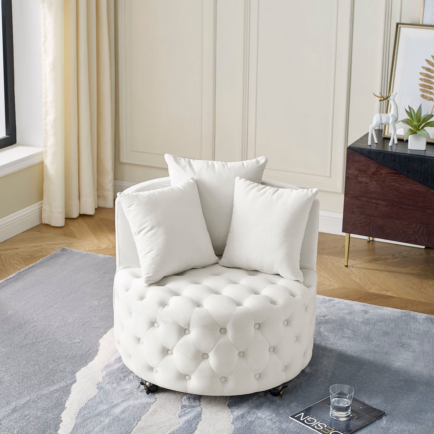 Modern Upholstered Swivel Chair With Button Tufted Design And Movable Wheels