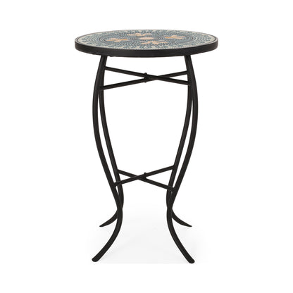 Outdoor Side Table With Tile Mosaic Table Top - Black