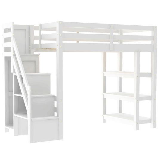 Loft Bed With 4 Layer Shelves, Storage Staircase, Small Wardrobe And LED Light