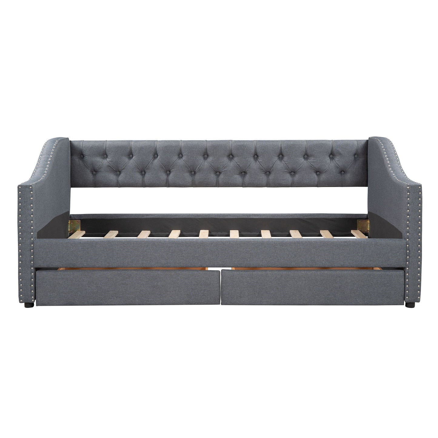 Twin Size Upholstered Daybed With Two Drawers, Slat Support - Gray