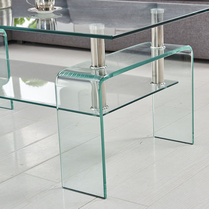 Modern Tempered Glass Coffee Table With 2 Tier Storage For Living Room