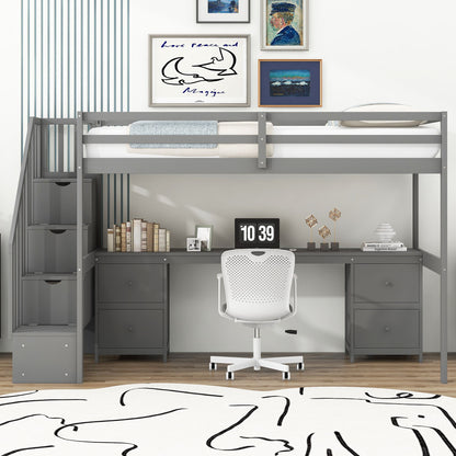 Loft Bed Frame With Built In Desk And Double Storage Drawers