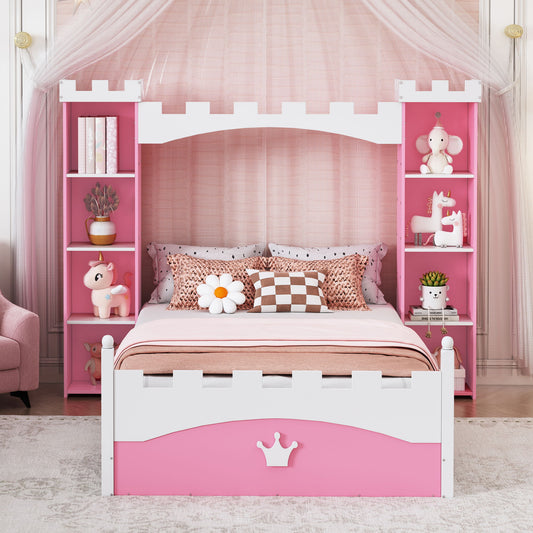 Castle Shaped Bed With Storage Shelf, Dreamy Platform Bed For Kids Bedroom