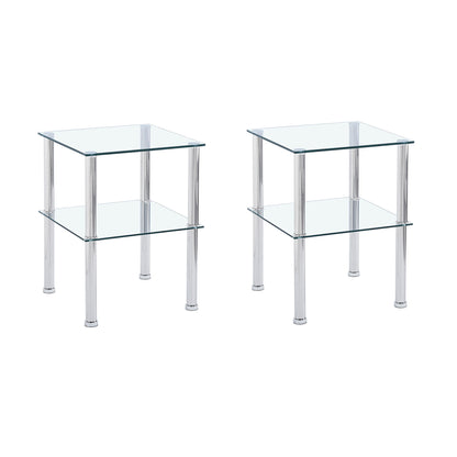 Modern 2 Piece Side Table With Storage Shelf, Tempered Glass, Space Saving Design - Clear