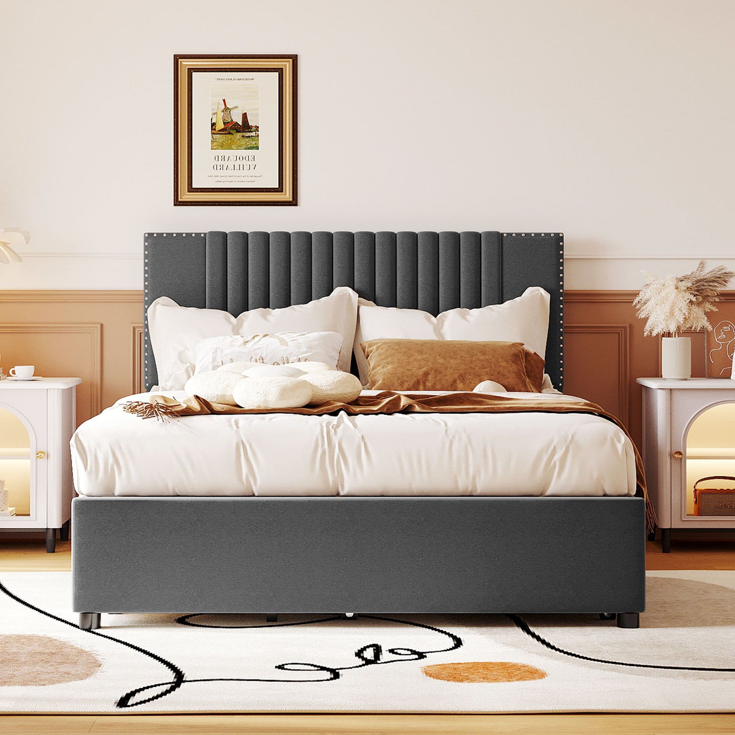Upholstered Platform Bed With Drawers, Classic Headboard Design