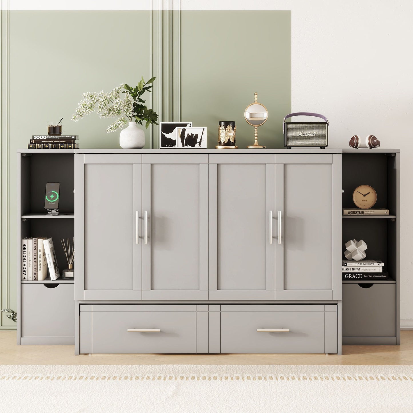 Murphy Bed With Shelves, Drawers And USB Ports