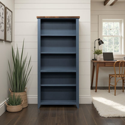 Nantucket - 5 Shelf Bookcase - Blue Denim, Whiskey