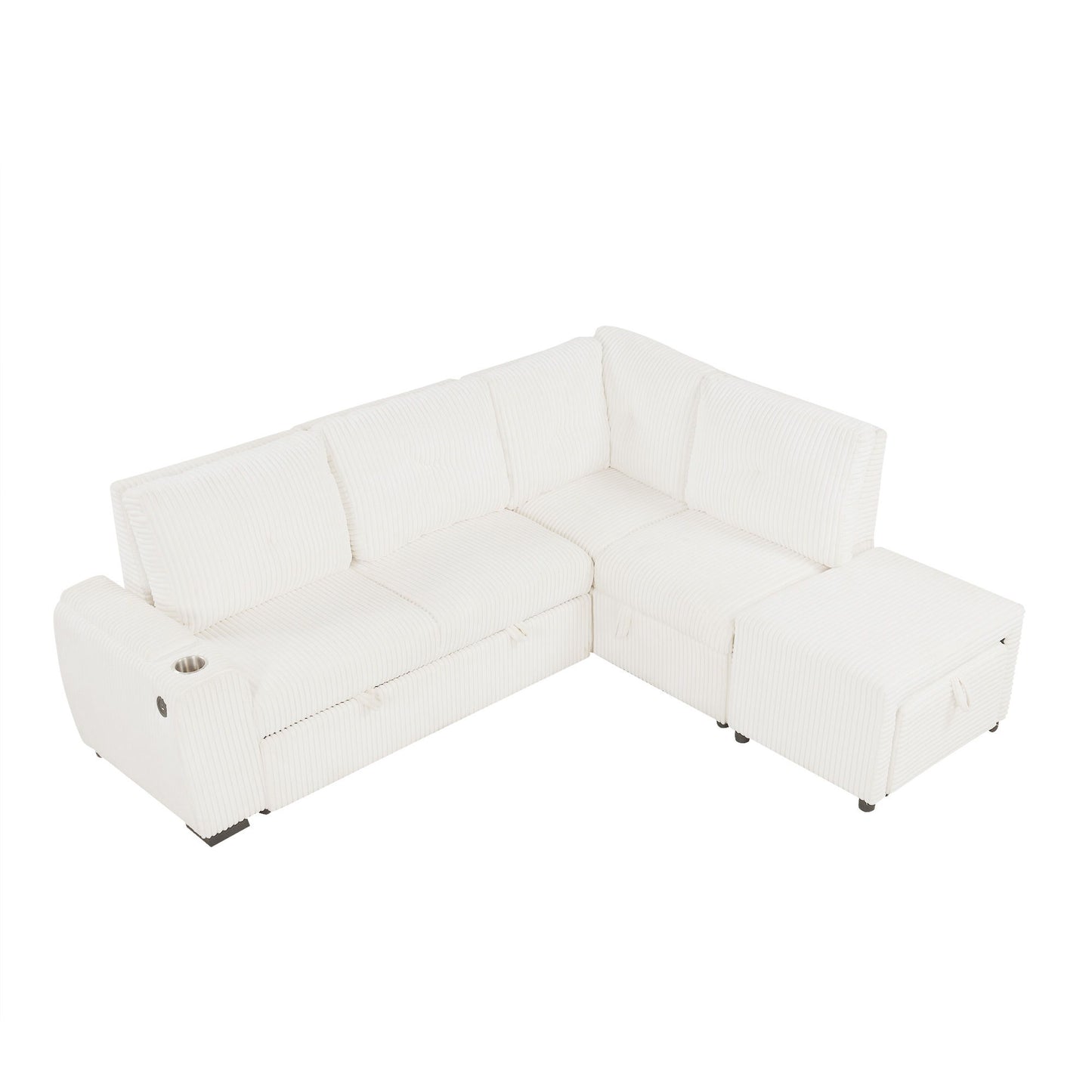Pull-Out L-Shaped Sectional Sofa With Movable Ottoman And Stool, Large Storage Space, A Cup Holder, And 2 USB Ports For Living Room