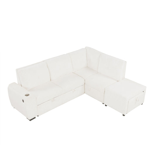 Pull-Out L-Shaped Sectional Sofa With Movable Ottoman And Stool, Large Storage Space, A Cup Holder, And 2 USB Ports For Living Room