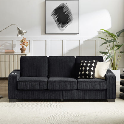 Modern Corduroy Fabric Sofa, 3 Seater Compressed Couch With Cup Holders