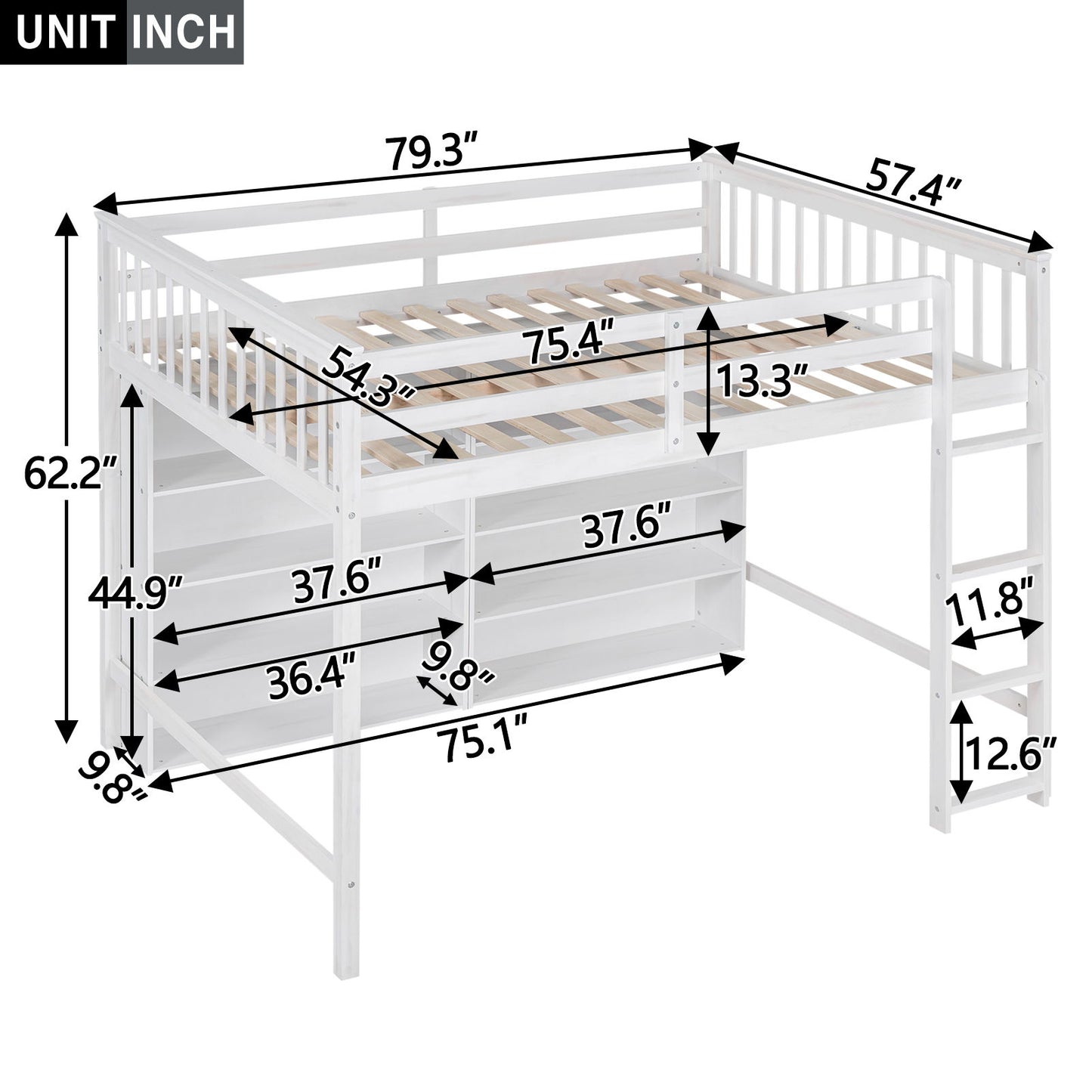 Loft Bed With 8 Open Storage Shelves And Built In Ladder