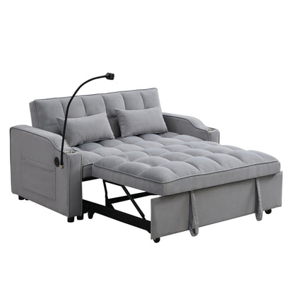 Modern Velvet Loveseat With Pullout Bed, Adjustable Reclining Backrest