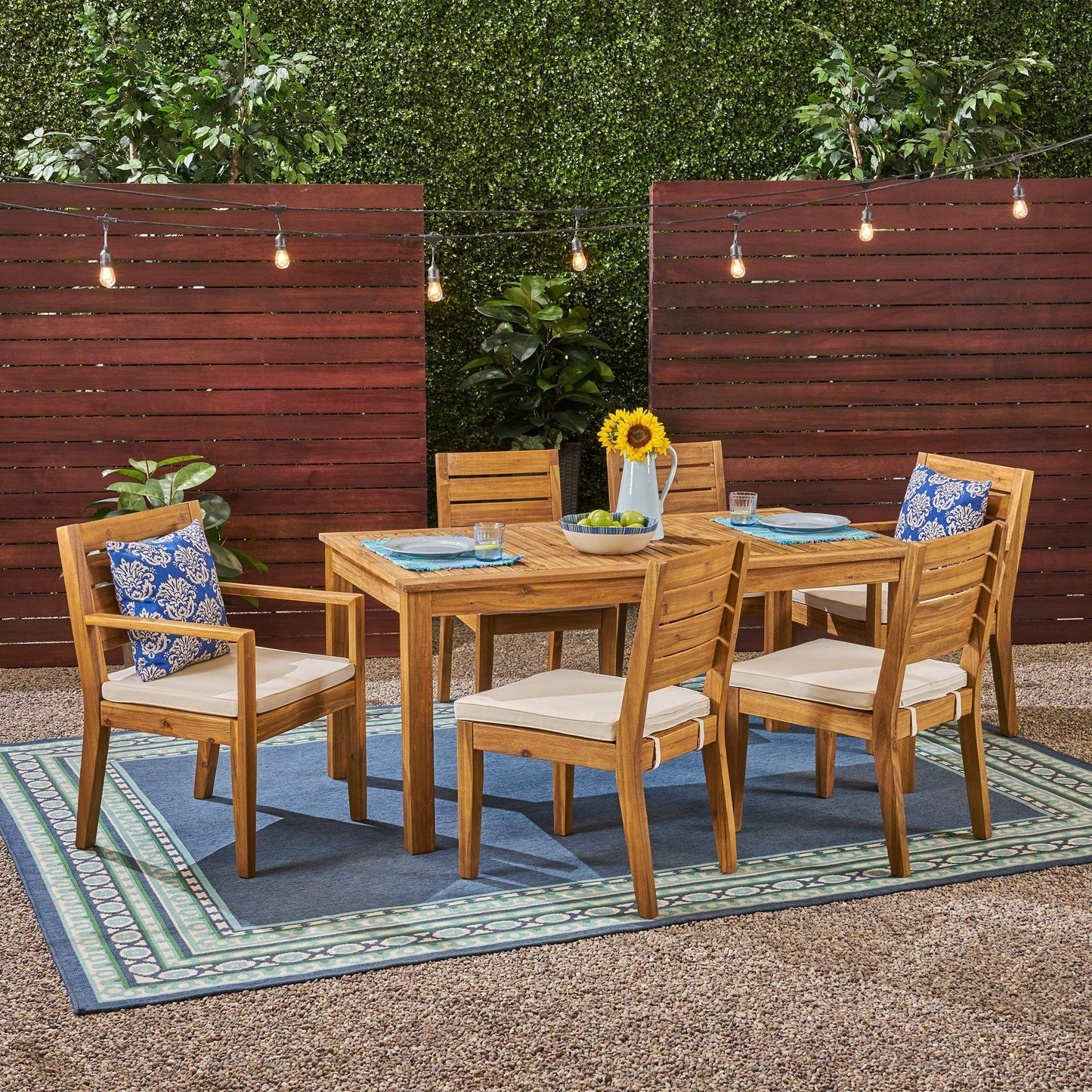 Outdoor 6 Seater Expandable Dining Set With Cushions - Sandblasted Natural / Beige