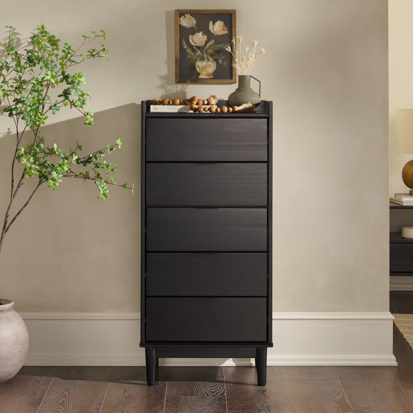 Modern Minimalist 5 Drawer Gallery Top Dresser - Black
