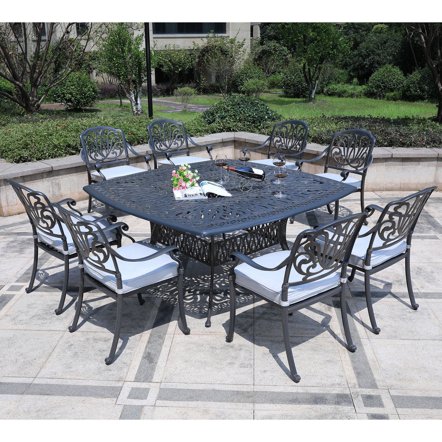 Square 8 Person 64" Long Aluminum Dining Set With Cushions