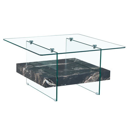 Modern 2 Tier Square Coffee Table, Elegant Marble Pattern