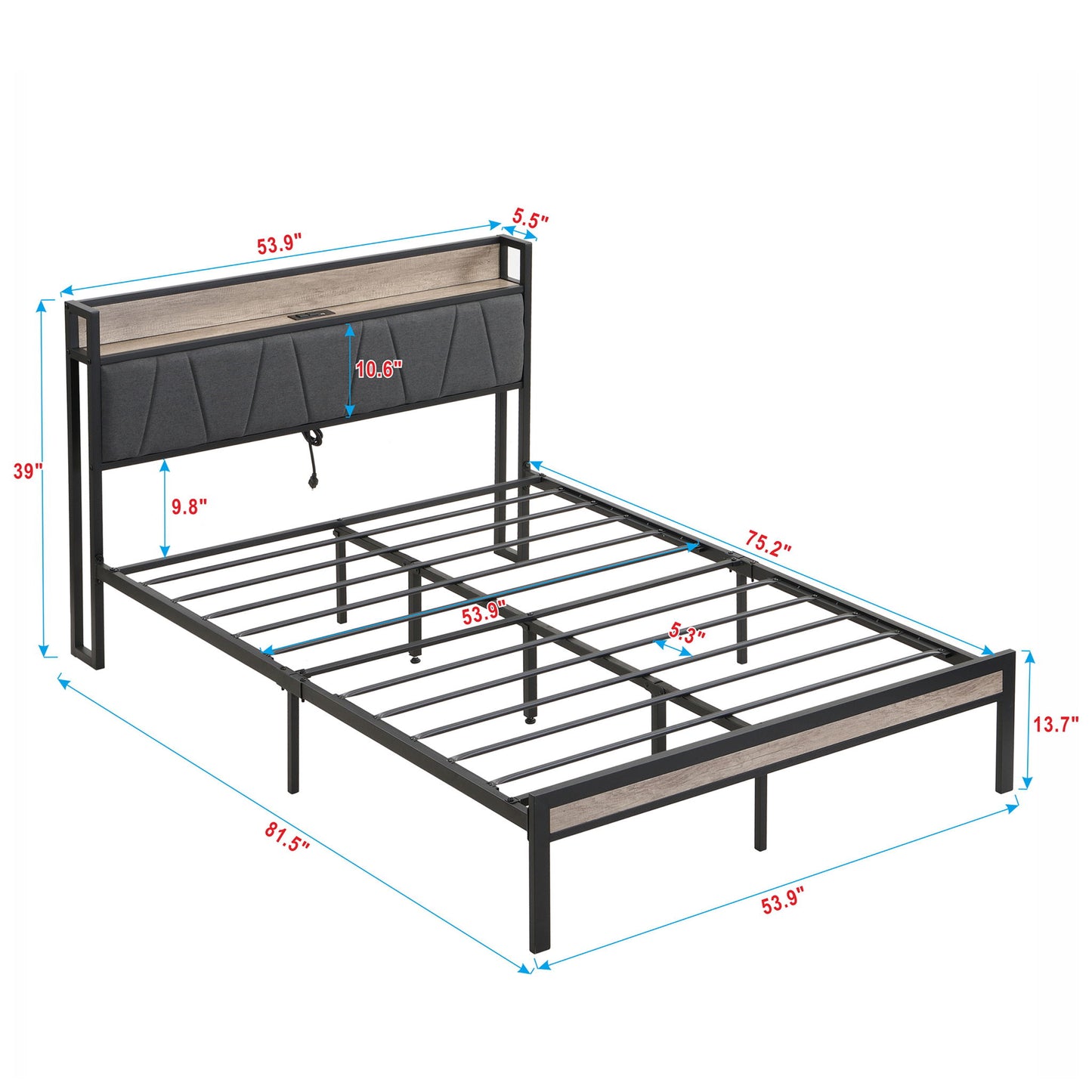 Modern Bed Frame With LED Lights, Upholstered Headboard, USB Charging