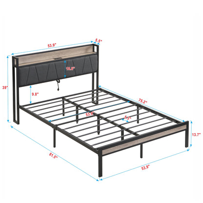 Modern Bed Frame With LED Lights, Upholstered Headboard, USB Charging