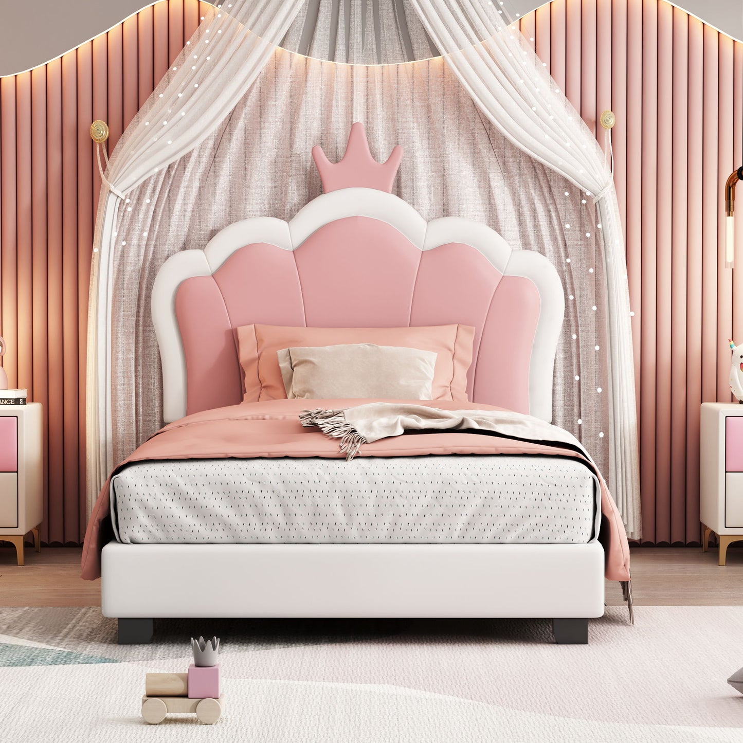 Twin Size Upholstered Princess Bed & Crown Headboard, Platform Bed With Headboard And Footboard - White / Pink