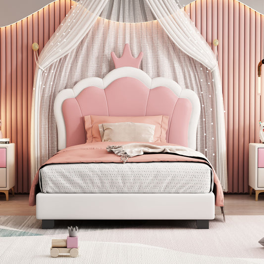 Twin Size Upholstered Princess Bed & Crown Headboard, Platform Bed With Headboard And Footboard - White / Pink