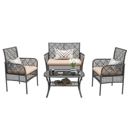4 Pieces Rattan Wicker Chairs With Tempered Glass Table And Cushions