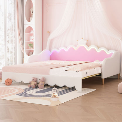 Extending Daybed With LED Lights, Modern Upholstered Princess Daybed With Crown Headboard