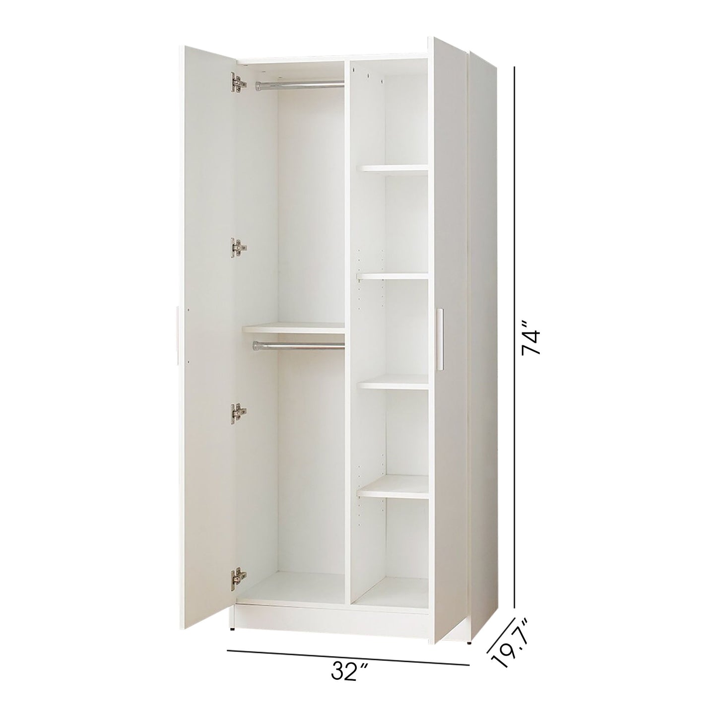 Viviane - Contemporary Wood Closet With Hanging Bars And 5 Shelves - White