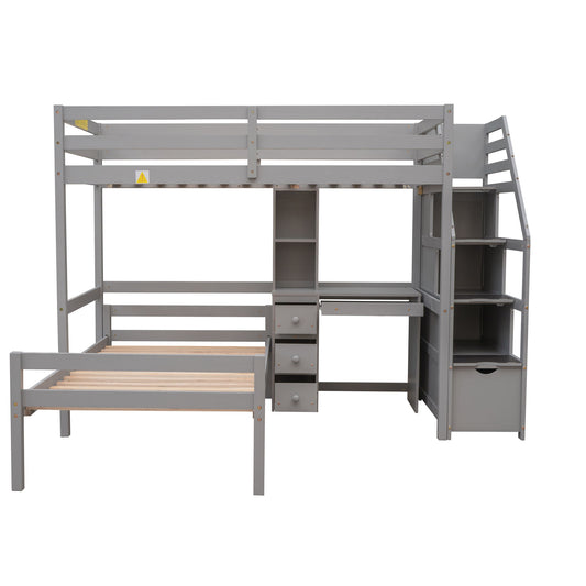 Loft Bed With Stand Alone Bed, Storage Staircase, Desk, Shelves, And Drawers