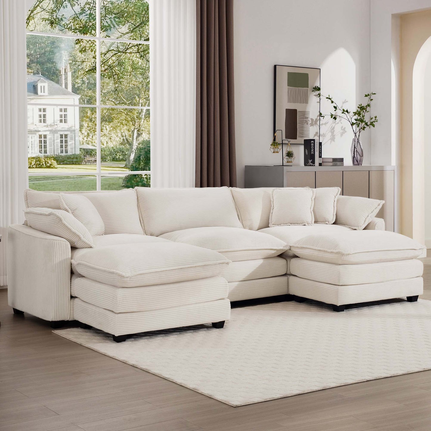 Modern Oversized Modular Cushion Sofa With Ottoman, Low Back, Deep Seating Sofa Set