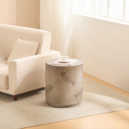 Rustic Magnesium Oxide Side Table With Fish Pattern Design - Gray
