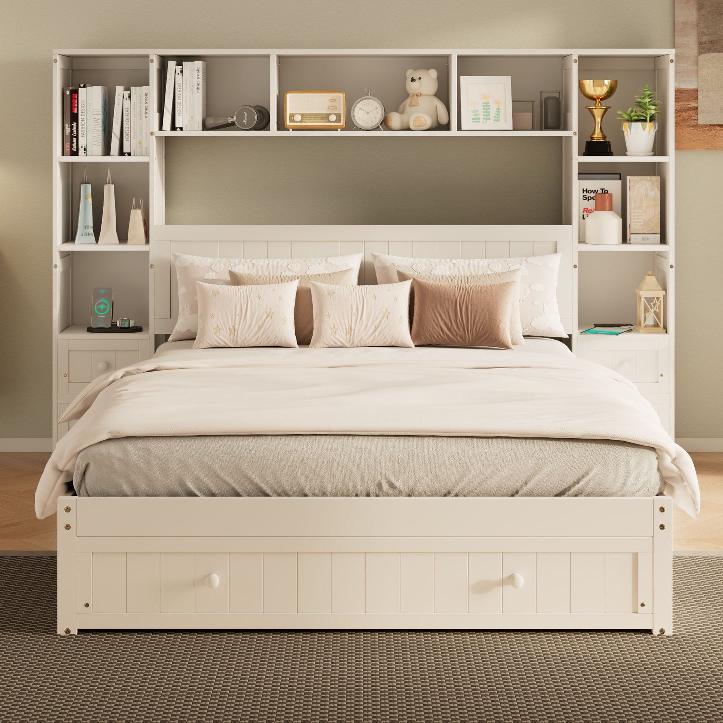 Platform Bed With All In One 2 Nightstand, Storage Shelf And Cabinet Bookcase With 2 Charging Stations