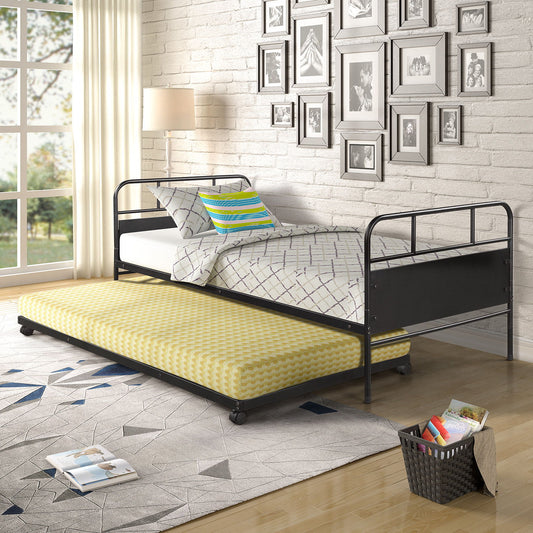 Twin Size Daybed Platform Bed Frame With Trundle Built In Casters - Black