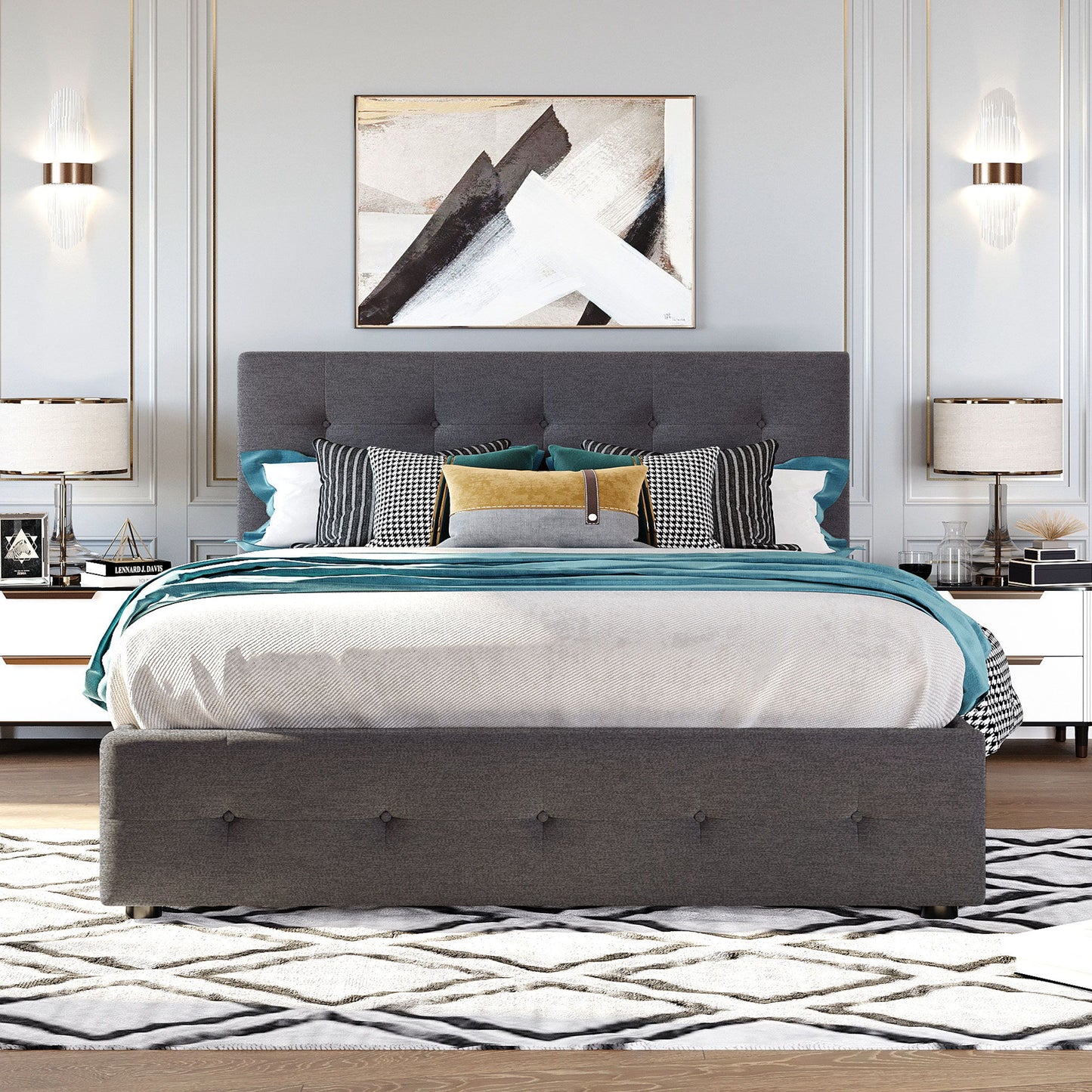 Upholstered Platform Bed With Classic Headboard And Drawers, No Box Spring Needed