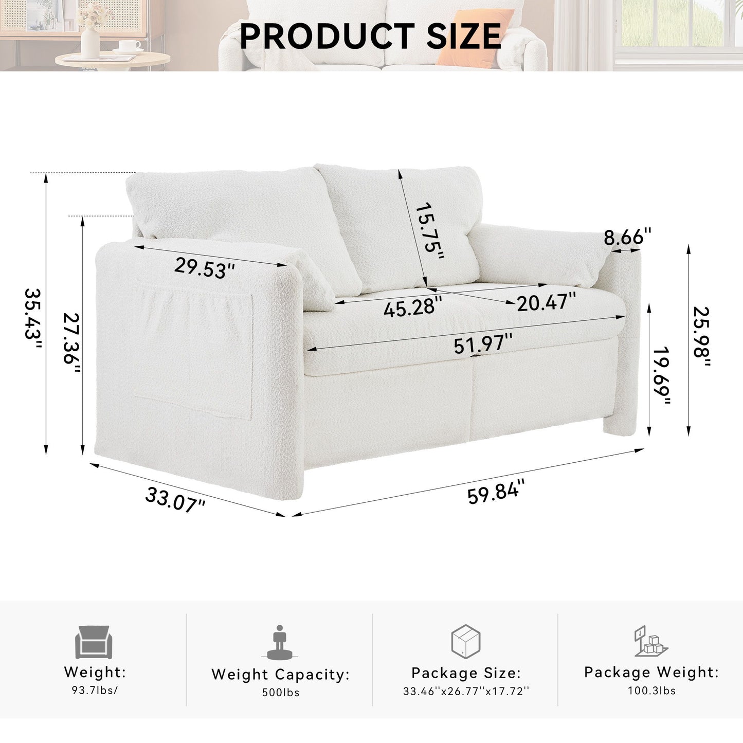 Modern Loveseat Sofa 2 Seater Plush Chenille Fabric Couch With High Density Foam Cushions - Ivory White
