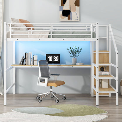 Loft Bed With Desk, Storage Staircase, Small Wardrobe And LED Light