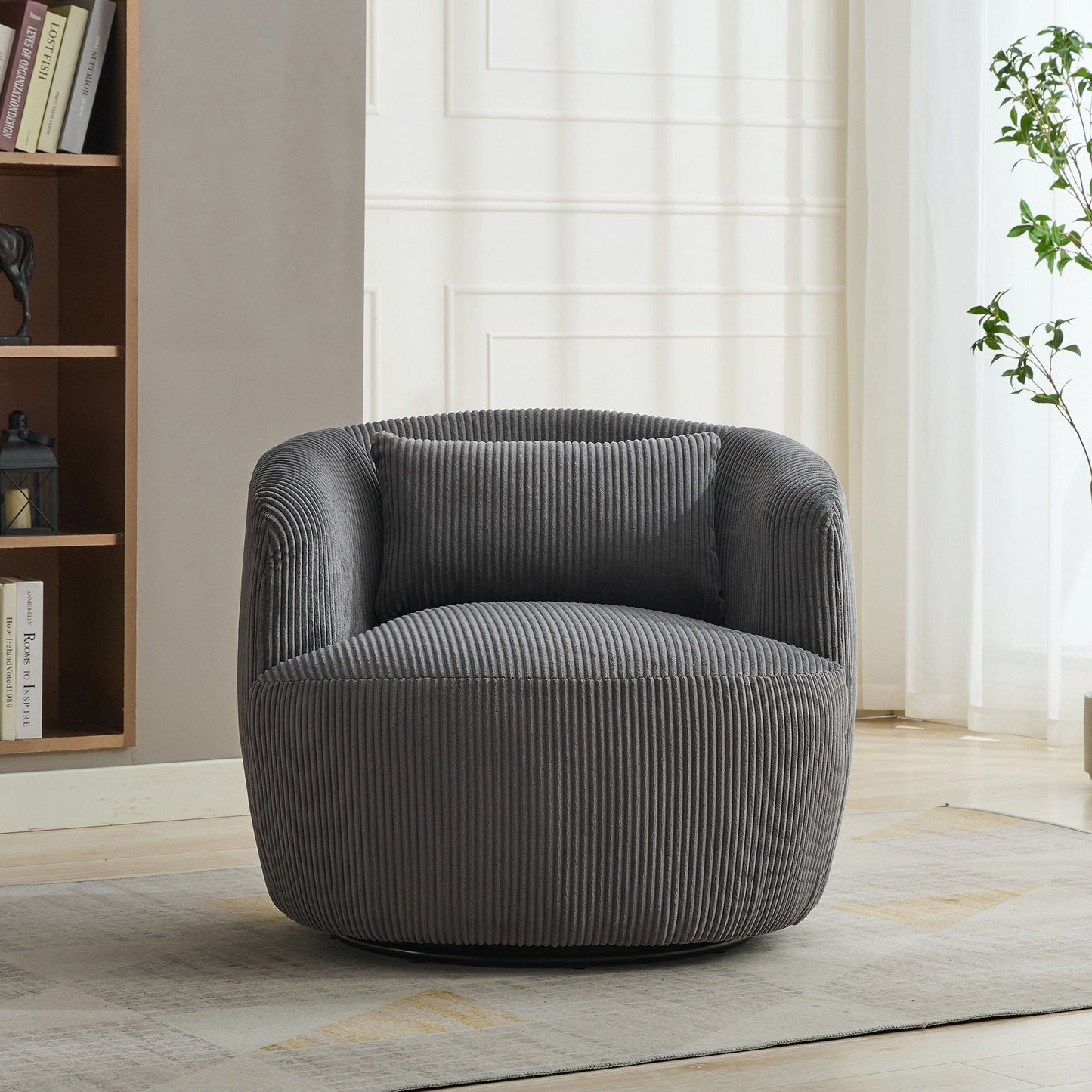 Wide Upholstered Corduroy 360° Swivel Barrel Soft Chair With Pillow