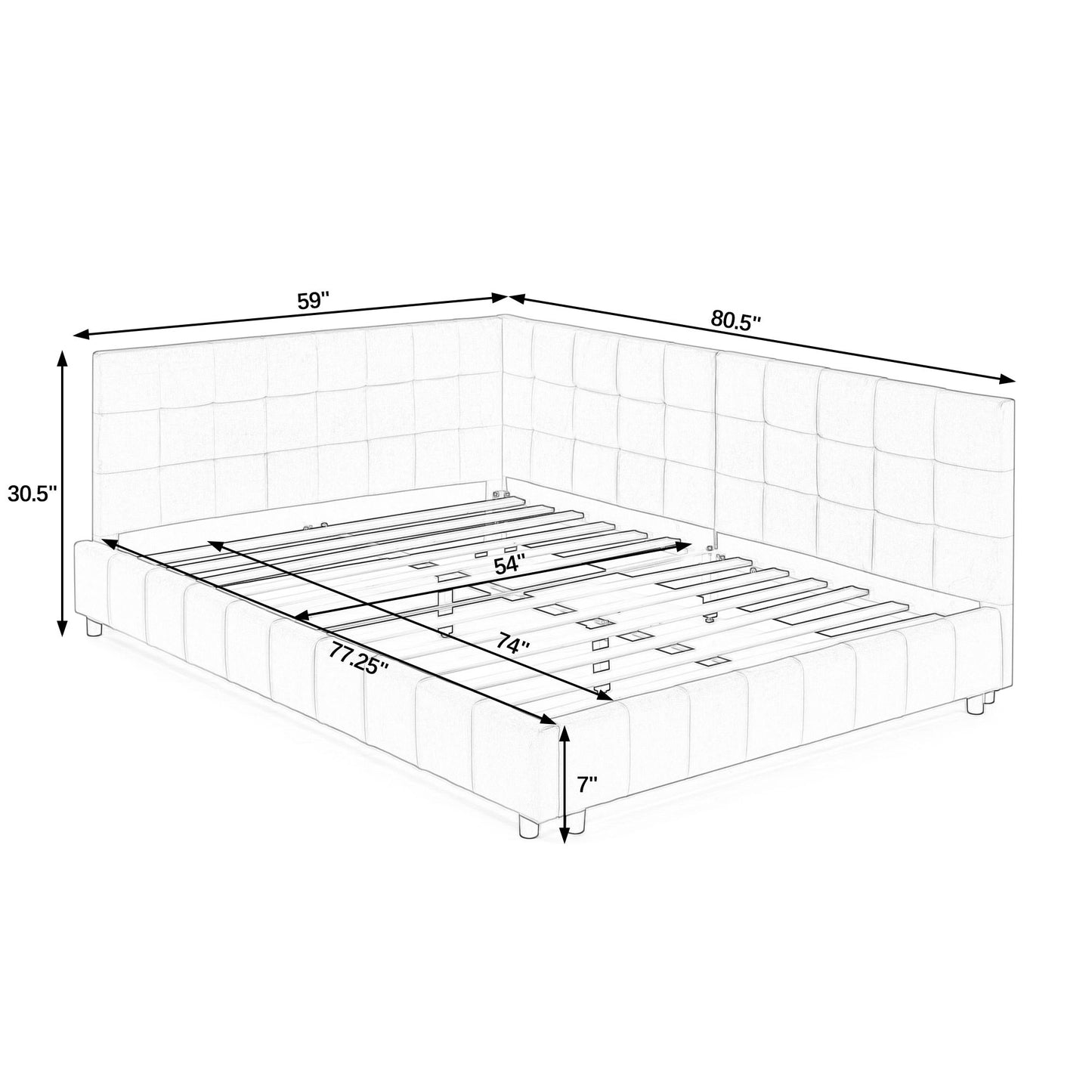 Mid-Century Storage Upholstered Tufted Bed Frame With Backrest And Armrests